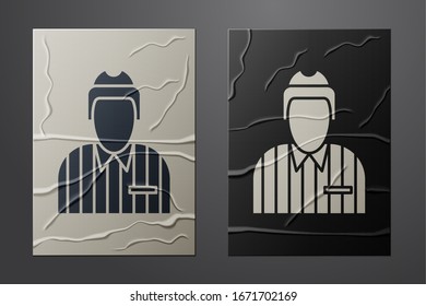 White Hockey judge, referee, arbiter icon isolated on crumpled paper background. Paper art style. Vector Illustration