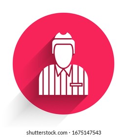 White Hockey judge, referee, arbiter icon isolated with long shadow. Red circle button. Vector Illustration