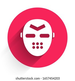White Hockey mask icon isolated with long shadow. Red circle button. Vector Illustration