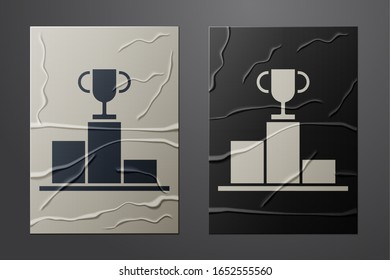 White Hockey over sports winner podium icon isolated on crumpled paper background. Paper art style. Vector Illustration