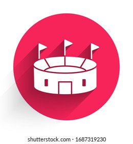 White Hockey stadium icon isolated with long shadow. Hockey arena. Red circle button. Vector Illustration