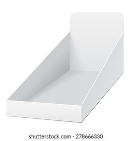 White Holder Box POS POI Cardboard Blank Empty Displays Products On White Background Isolated. Ready For Your Design. Product Packing. Vector EPS10 