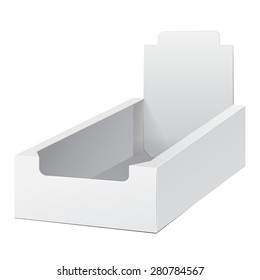 White Holder Box POS POI Cardboard Blank Empty Displays Products On White Background Isolated. Ready For Your Design. Product Packing. Vector EPS10 