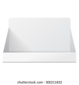 White Holder Box POS POI Cardboard Blank Empty Displays Products On White Background Isolated. Ready For Your Design. Product Packing. Vector EPS10 