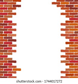 White hole in a Broken brick wall a vector background. Vintage brick wall background with hole. Vector illustration.   Crashed brick wall texture background. Solid and flat color design