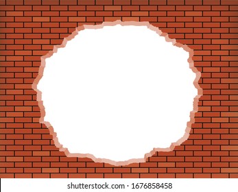 White hole in broken red brick wall. Vector background.