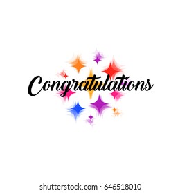 White holiday card or logo with lettering in a calligraphic style with the inscription Congratulations. Welcoming emblem text is surrounded by simples, focus and defocus balls, dots, asterisks
