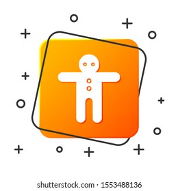White Holiday gingerbread man cookie icon isolated on white background. Cookie in shape of man with icing. Orange square button. Vector Illustration