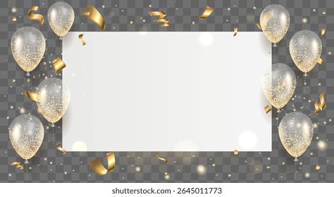 White holiday poster. Inflatable balloons with gold confetti and glitter. Congratulations placard. Transparent frame. 3D inflated balls. Birthday party banner invitation