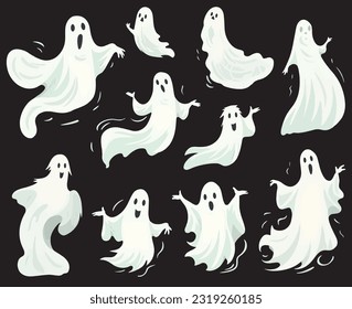 White Hollow Translucent Ghost in Flat Style with Flowing Forms Collection Set of Vector for Halloween