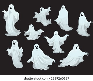 White Hollow Translucent Ghost in Flat Style with Flowing Forms Collection Set of Vector for Halloween