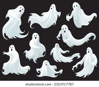 White Hollow Translucent Ghost in Flat Style with Flowing Forms Collection Set of Vector for Halloween