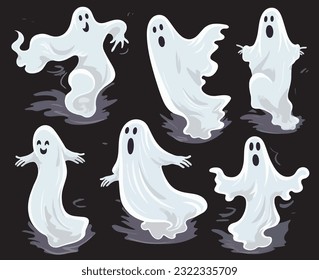 White Hollow Translucent Ghost in Flat Style with Flowing Forms Collection Set of Vector for Halloween