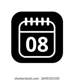 Ícone branco vazio do calendário isolado no plano de fundo preto para sites e recursos gráficos. Ícone simples do calendário com dia específico marcado, dia 08.