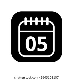 White hollowed out calendar icon isolated on black background for websites and graphic resources. Calendar flat icon with specific day marked, day 05.