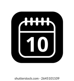 Ícone branco vazio do calendário isolado no plano de fundo preto para sites e recursos gráficos. Ícone simples do calendário com dia específico marcado, dia 10.