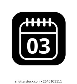 Ícone branco vazio do calendário isolado no plano de fundo preto para sites e recursos gráficos. Ícone simples do calendário com dia específico marcado, dia 03.