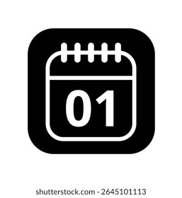 Ícone branco vazio do calendário isolado no plano de fundo preto para sites e recursos gráficos. Ícone simples do calendário com dia específico marcado, dia 01.