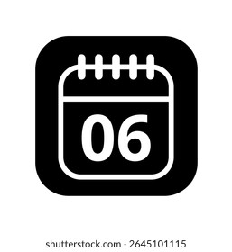 Ícone branco vazio do calendário isolado no plano de fundo preto para sites e recursos gráficos. Ícone simples do calendário com dia específico marcado, dia 06.