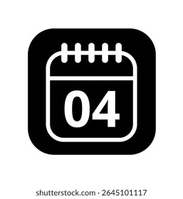 Ícone branco vazio do calendário isolado no plano de fundo preto para sites e recursos gráficos. Ícone simples do calendário com dia específico marcado, dia 04.