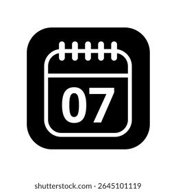 Ícone branco vazio do calendário isolado no plano de fundo preto para sites e recursos gráficos. Ícone simples do calendário com dia específico marcado, dia 07.