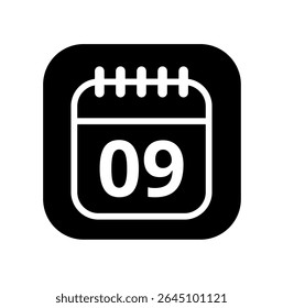 White hollowed out calendar icon isolated on black background for websites and graphic resources. Calendar flat icon with specific day marked, day 09.