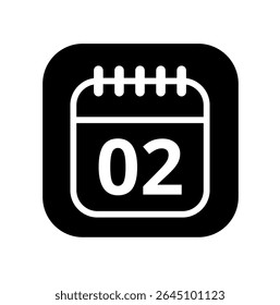 Ícone branco vazio do calendário isolado no plano de fundo preto para sites e recursos gráficos. Ícone simples do calendário com dia específico marcado, dia 02.