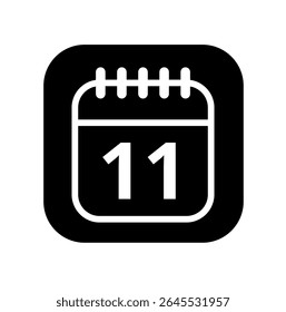 Ícone branco vazio do calendário isolado no plano de fundo preto para sites e recursos gráficos. Ícone simples do calendário com dia específico marcado, dia 11.