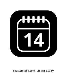 Ícone branco vazio do calendário isolado no plano de fundo preto para sites e recursos gráficos. Ícone simples do calendário com dia específico marcado, dia 14.