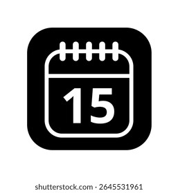 Ícone branco vazio do calendário isolado no plano de fundo preto para sites e recursos gráficos. Ícone simples do calendário com dia específico marcado, dia 15.