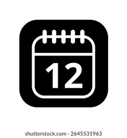 Ícone branco vazio do calendário isolado no plano de fundo preto para sites e recursos gráficos. Ícone simples do calendário com dia específico marcado, dia 12.