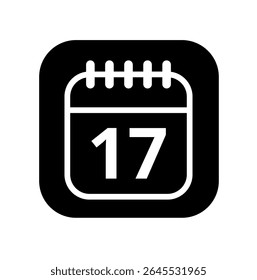 Ícone branco vazio do calendário isolado no plano de fundo preto para sites e recursos gráficos. Ícone simples do calendário com dia específico marcado, dia 17.