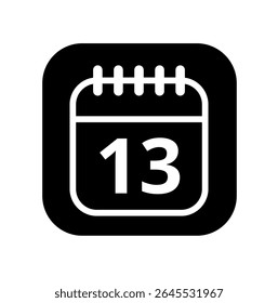 Ícone branco vazio do calendário isolado no plano de fundo preto para sites e recursos gráficos. Ícone simples do calendário com dia específico marcado, dia 13.