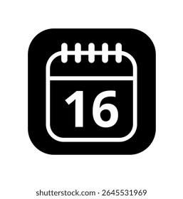 Ícone branco vazio do calendário isolado no plano de fundo preto para sites e recursos gráficos. Ícone simples do calendário com dia específico marcado, dia 16.