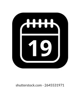 White hollowed out calendar icon isolated on black background for websites and graphic resources. Calendar flat icon with specific day marked, day 19.