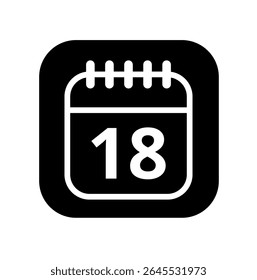 Ícone branco vazio do calendário isolado no plano de fundo preto para sites e recursos gráficos. Ícone simples do calendário com dia específico marcado, dia 18.