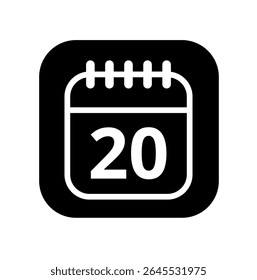 White hollowed out calendar icon isolated on black background for websites and graphic resources. Calendar flat icon with specific day marked, day 20.