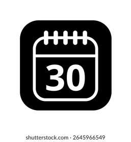 White hollowed out calendar icon isolated on black background for websites and graphic resources. Calendar flat icon with specific day marked, day 30.