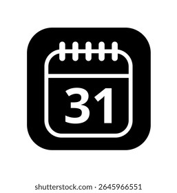 Ícone branco vazio do calendário isolado no plano de fundo preto para sites e recursos gráficos. Ícone simples do calendário com dia específico marcado, dia 31.