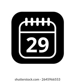 Ícone branco vazio do calendário isolado no plano de fundo preto para sites e recursos gráficos. Ícone simples do calendário com dia específico marcado, dia 29.