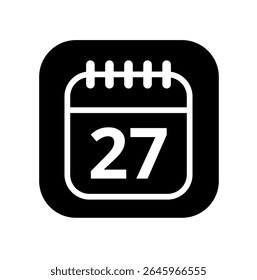 Ícone branco vazio do calendário isolado no plano de fundo preto para sites e recursos gráficos. Ícone simples do calendário com dia específico marcado, dia 27.