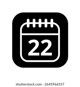 Ícone branco vazio do calendário isolado no plano de fundo preto para sites e recursos gráficos. Ícone simples do calendário com dia específico marcado, dia 22.