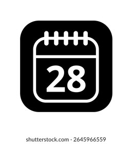 White hollowed out calendar icon isolated on black background for websites and graphic resources. Calendar flat icon with specific day marked, day 28.