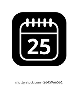 Ícone branco vazio do calendário isolado no plano de fundo preto para sites e recursos gráficos. Ícone simples do calendário com dia específico marcado, dia 25.