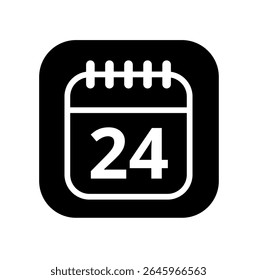 Ícone branco vazio do calendário isolado no plano de fundo preto para sites e recursos gráficos. Ícone simples do calendário com dia específico marcado, dia 24.