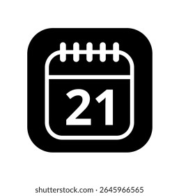 Ícone branco vazio do calendário isolado no plano de fundo preto para sites e recursos gráficos. Ícone simples do calendário com dia específico marcado, dia 21.