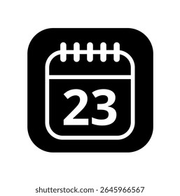 Ícone branco vazio do calendário isolado no plano de fundo preto para sites e recursos gráficos. Ícone simples do calendário com dia específico marcado, dia 23.