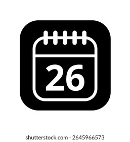 Ícone branco vazio do calendário isolado no plano de fundo preto para sites e recursos gráficos. Ícone simples do calendário com dia específico marcado, dia 26.