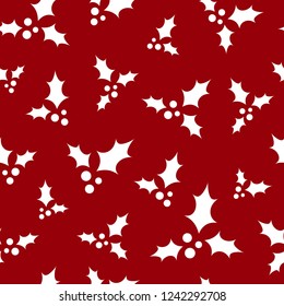 white holly berry on red background. seamless winter pattern. Christmas vector ornament. holiday ilex. Perfect for printing on fabric or paper.  New Year ornament