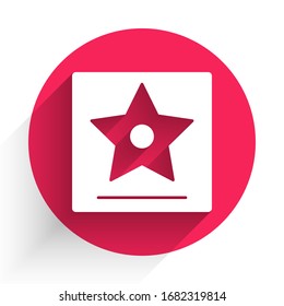 White Hollywood walk of fame star on celebrity boulevard icon isolated with long shadow. Famous sidewalk, boulevard actor. Red circle button. Vector Illustration